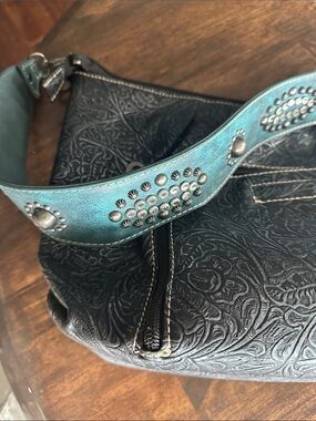 Nocona Black Embossed Shoulder Bag with Turquoise Studded Strap